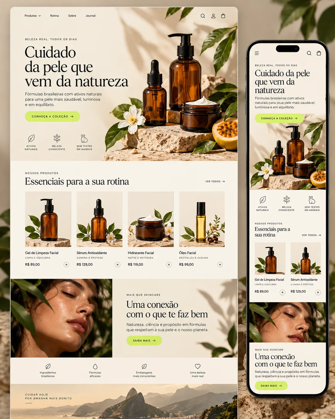 Conceito de loja Shopify responsiva para uma marca de skincare