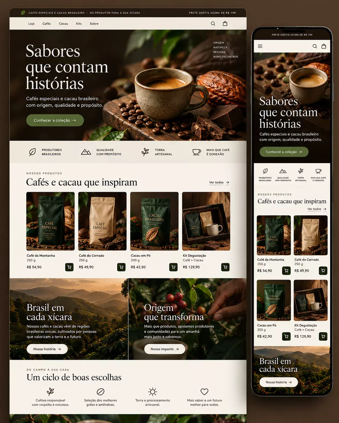 Conceito de loja virtual de café e cacau da galeria Shopify, para alimentos especiais e produtos de origem.